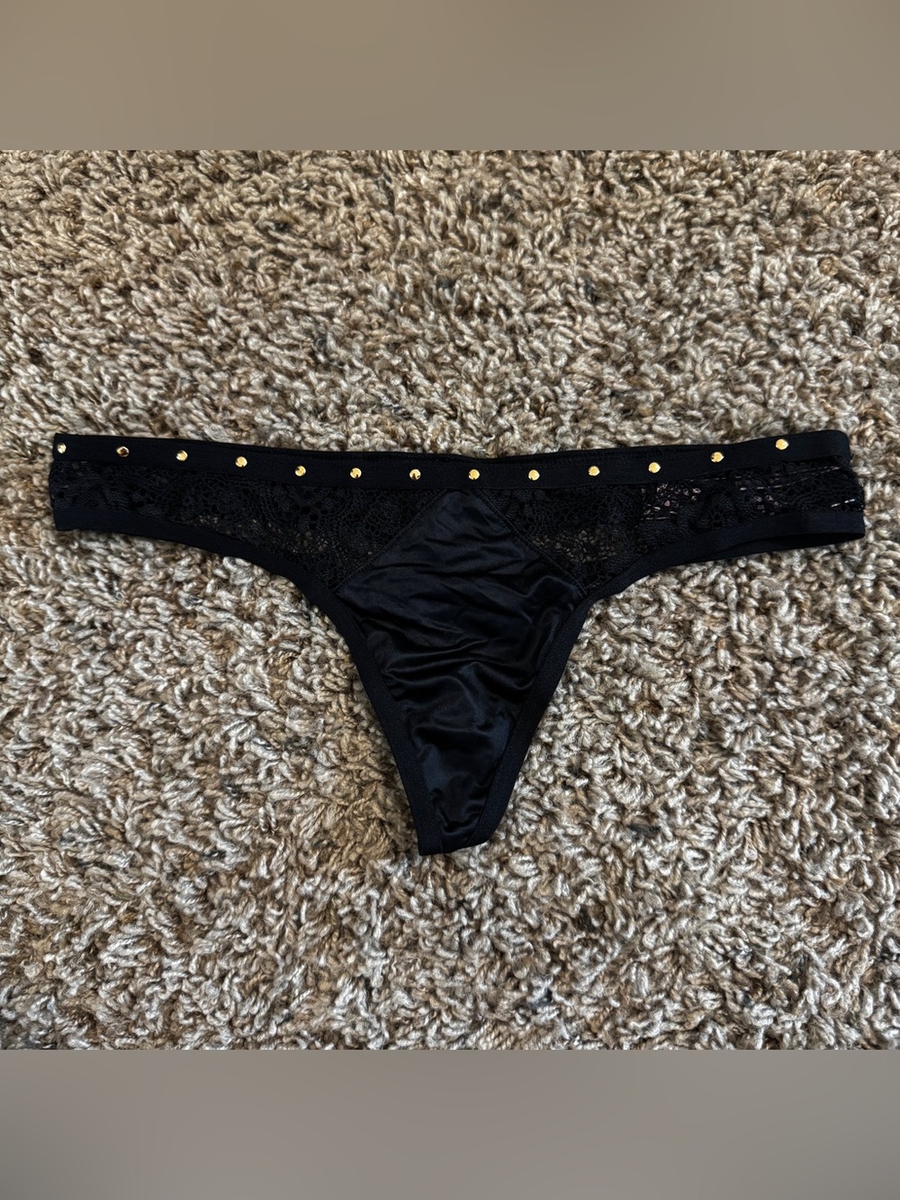 Victoria’s Secret Black Lace & Satin Thong with Gold Studs